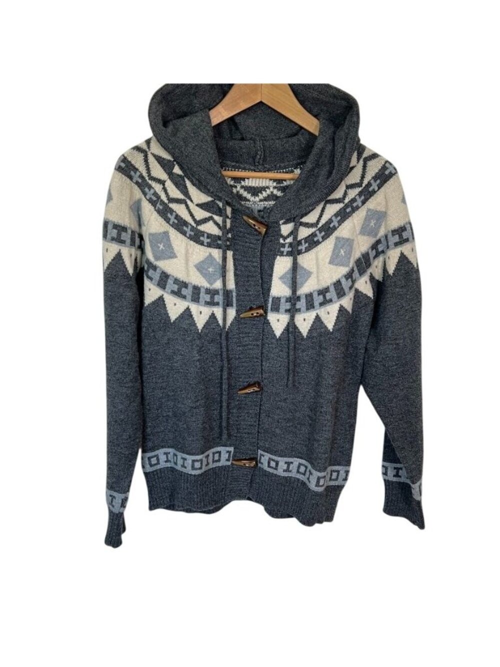 Nordic Fair Isle Hooded Cardigan Sweater Sz S Toggle Front Après Ski Alpine